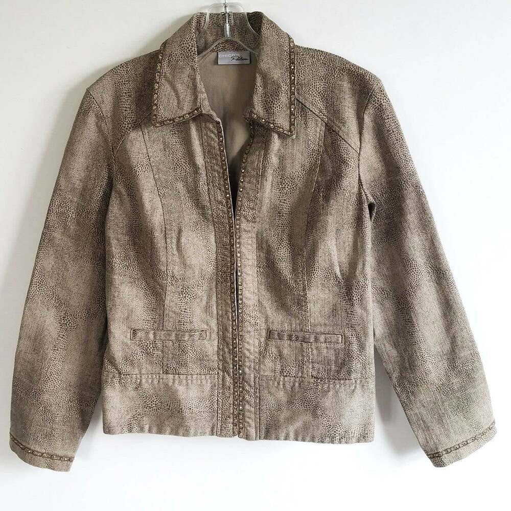 Chico’s Women’s Taupe Snakeskin Print Jeweled Trim Jacket